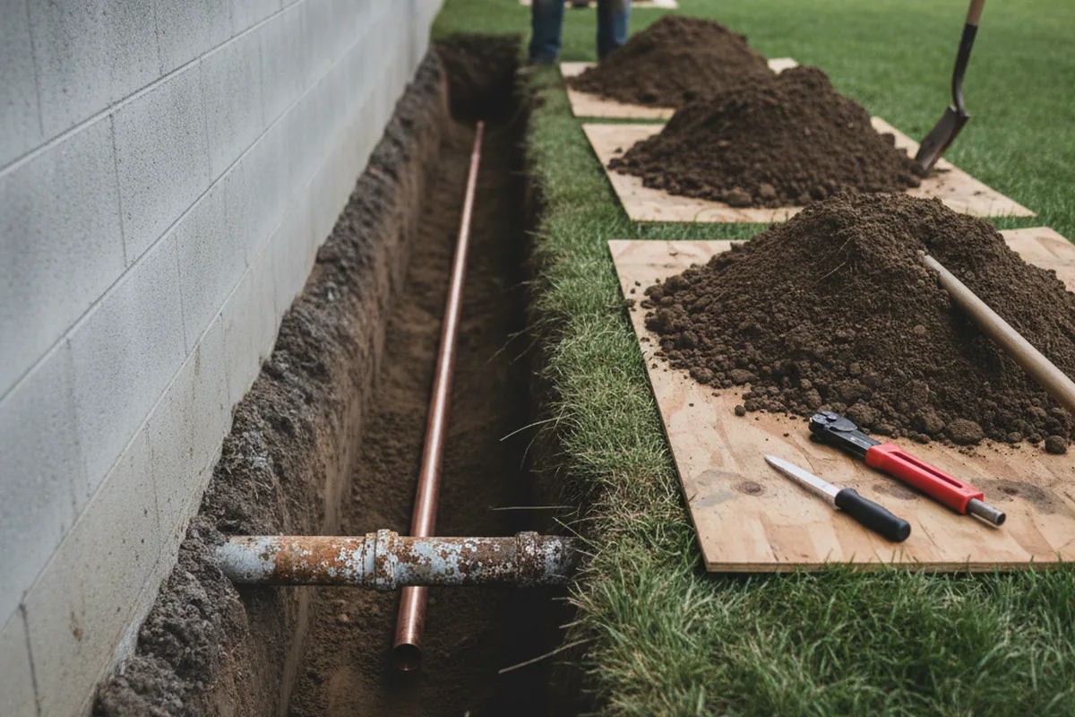 Excavated water line trench during Sewer Line Repair in Radnor